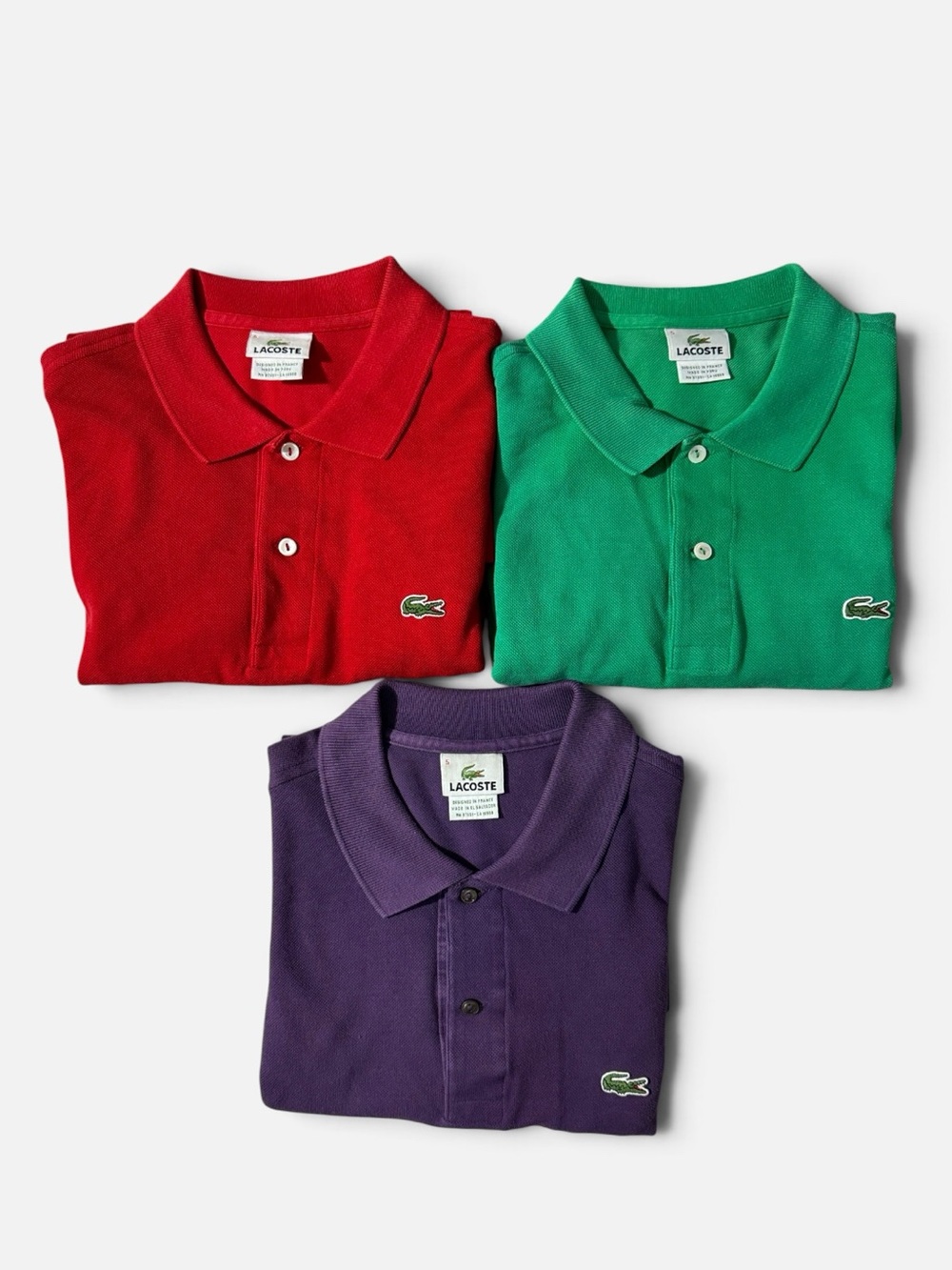 (Lot of 3) Lacoste mens 5 L Large red purple green classic polo shirt bundle EUC